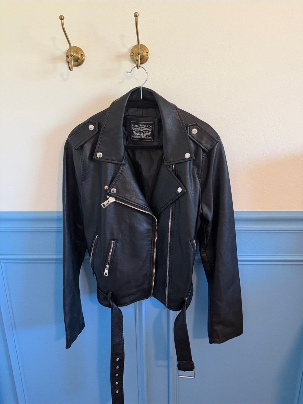 Levi's Black Leather Moto Jacket with Belt
